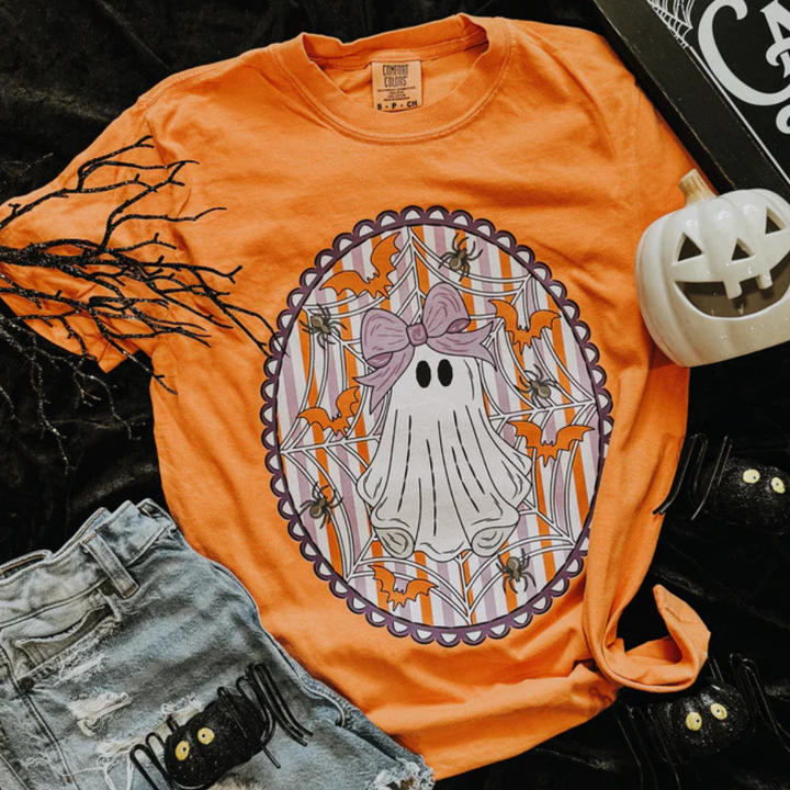 Online Exclusive | Girly Ghost Web Soft Graphic on Short Sleeve Comfort Color Tee in Melon Orange