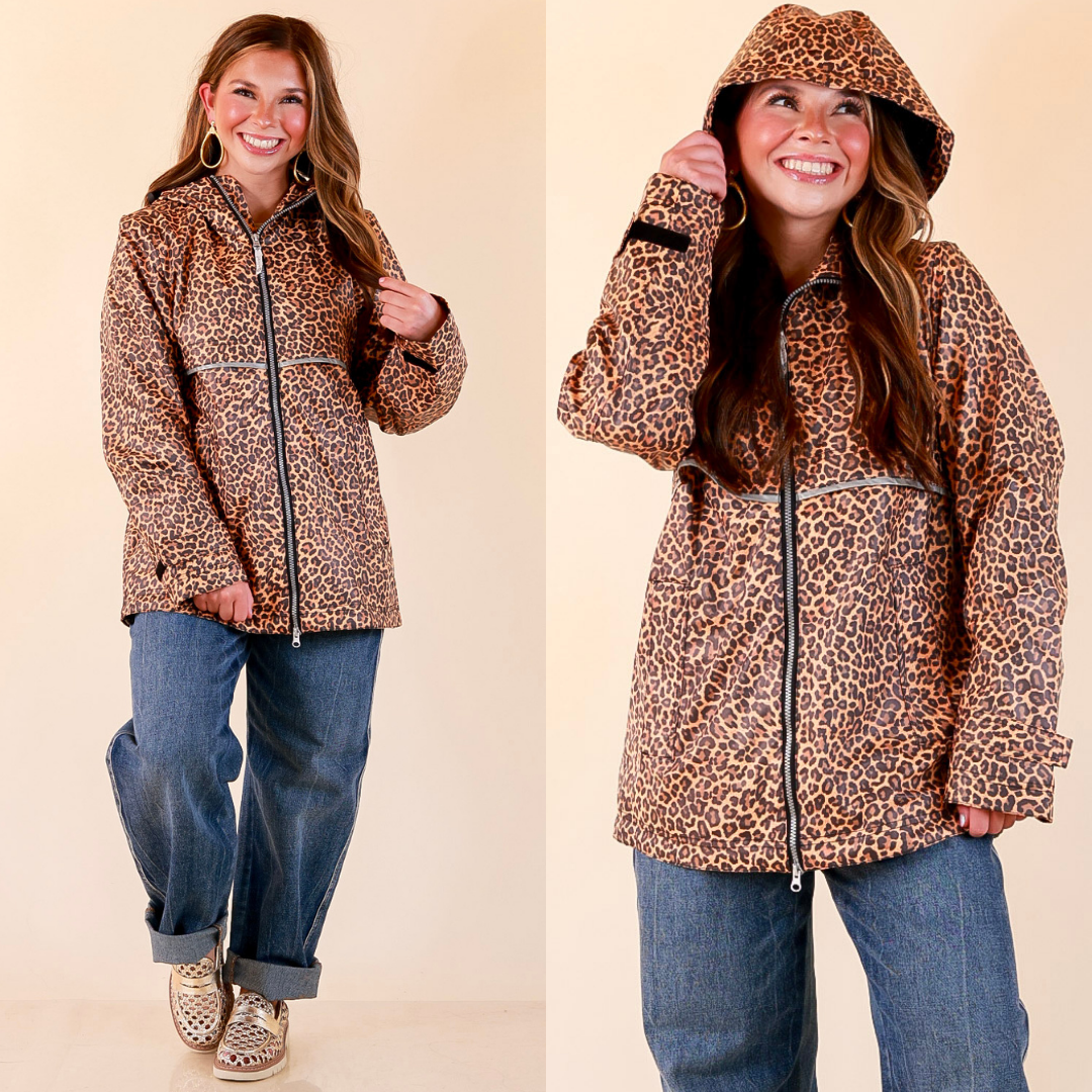 Girly Girl | Chic Forecast Leopard Print Hooded Rain Jacket in Camel Brown