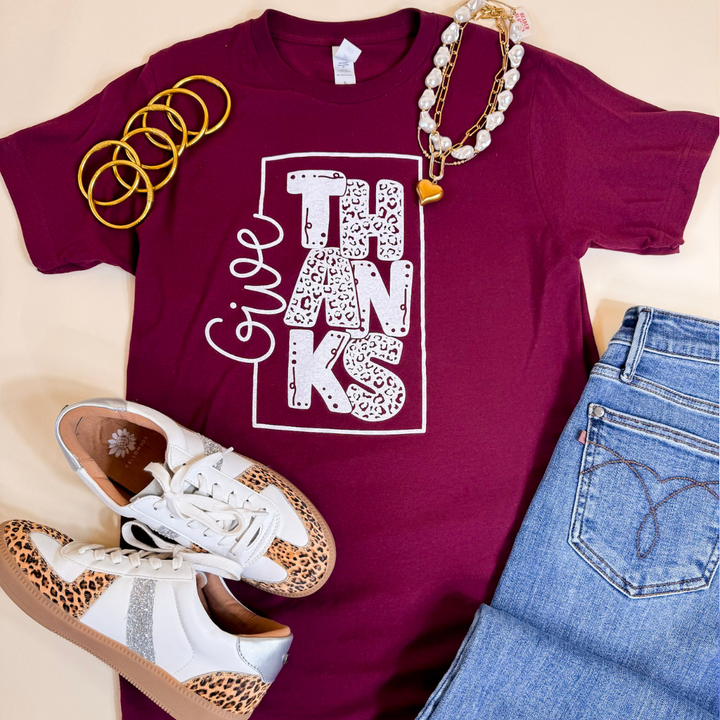 Give Thanks Short Sleeve Leopard Print Graphic Tee in Maroon