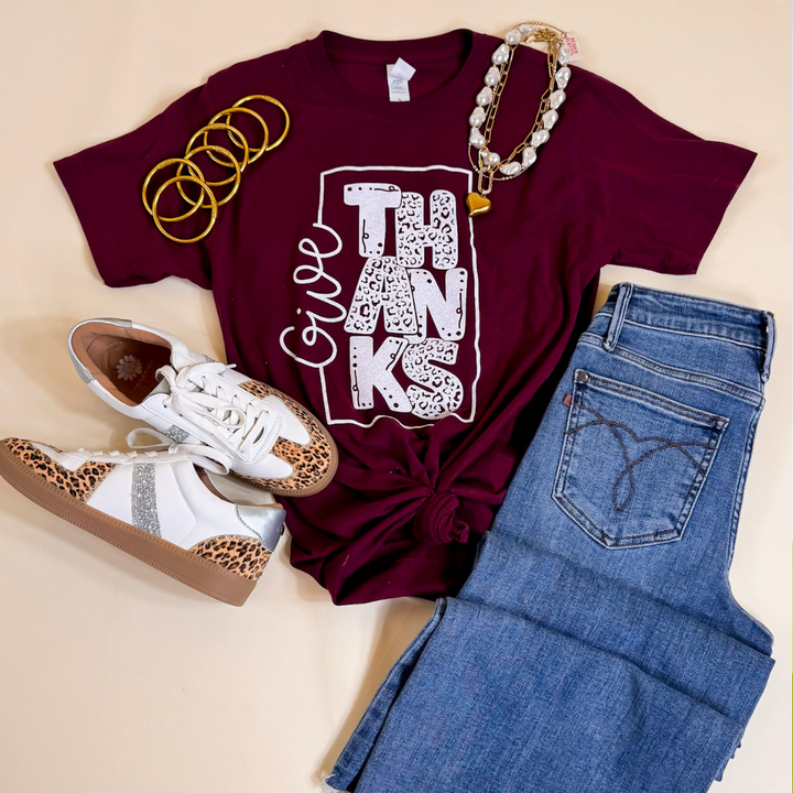 Give Thanks Short Sleeve Leopard Print Graphic Tee in Maroon