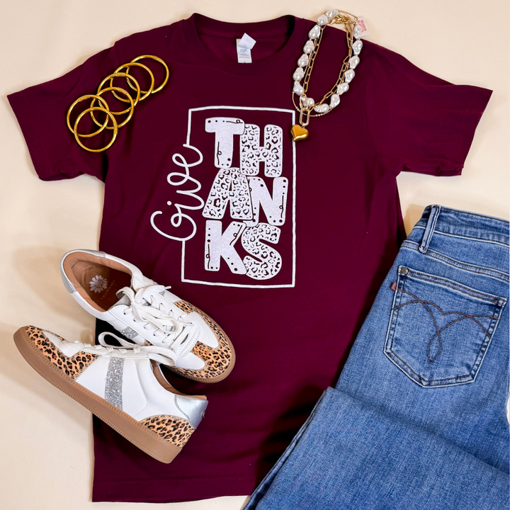 Give Thanks Short Sleeve Leopard Print Graphic Tee in Maroon