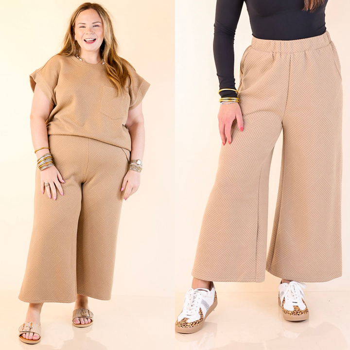 Two people wearing Tan textured pants on a beige background.