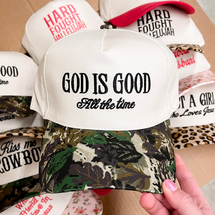 God is Good All The Time Two Tone Canvas Trucker Cap in Multiple Color Options
