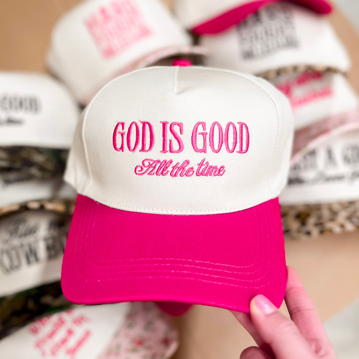 God is Good All The Time Two Tone Canvas Trucker Cap in Multiple Color Options