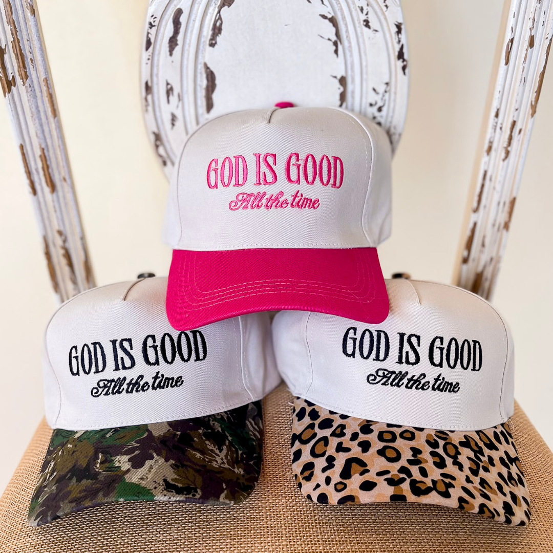 God is Good All The Time Two Tone Canvas Trucker Cap in Multiple Color Options