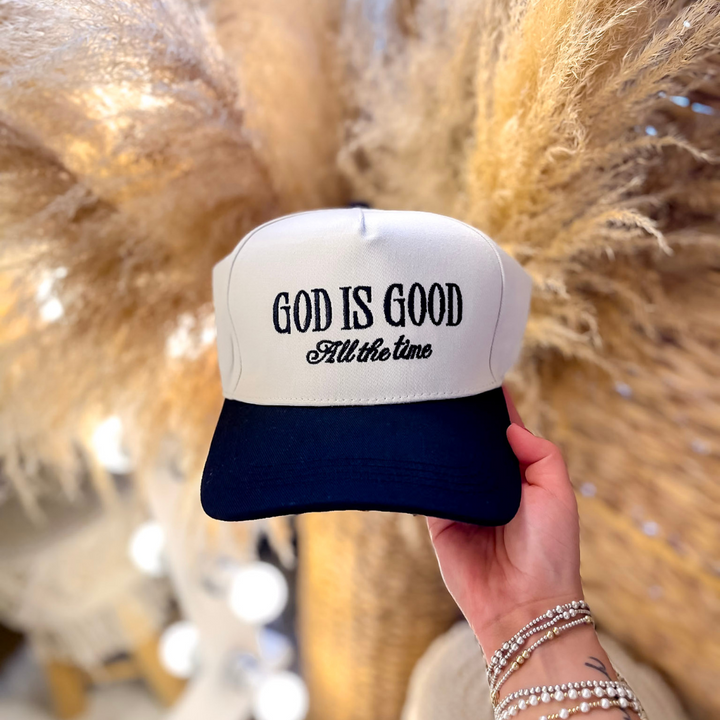God is Good All The Time Two Tone Canvas Trucker Cap in Multiple Color Options