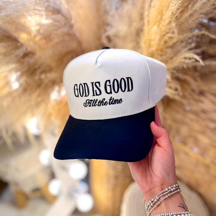 God is Good All The Time Two Tone Canvas Trucker Cap in Multiple Color Options