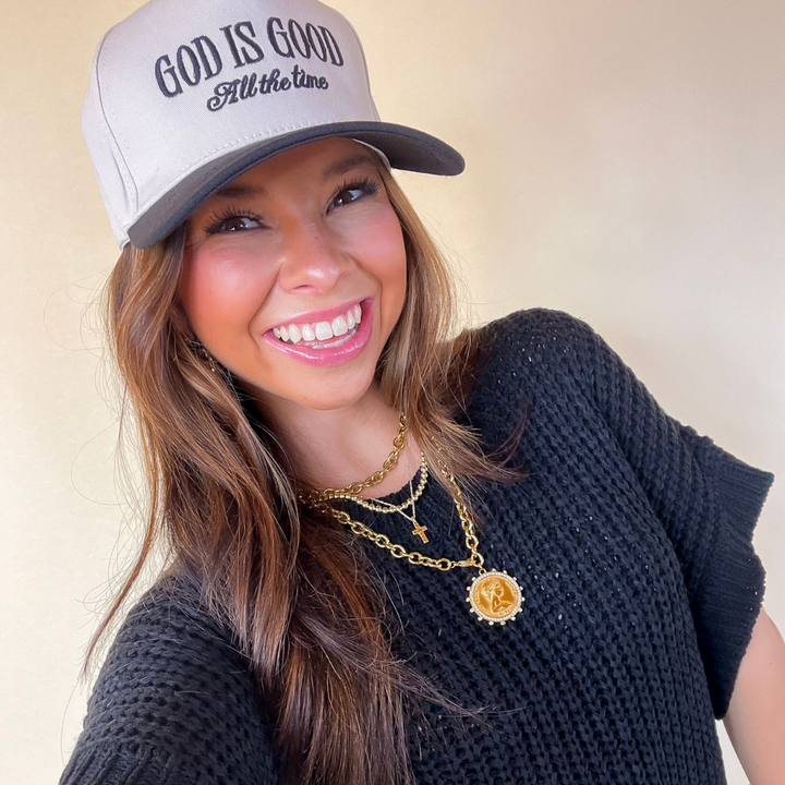 God is Good All The Time Two Tone Canvas Trucker Cap in Multiple Color Options
