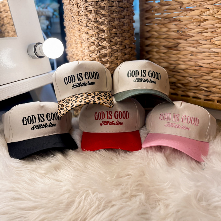 God is Good All The Time Two Tone Canvas Trucker Cap in Multiple Color Options