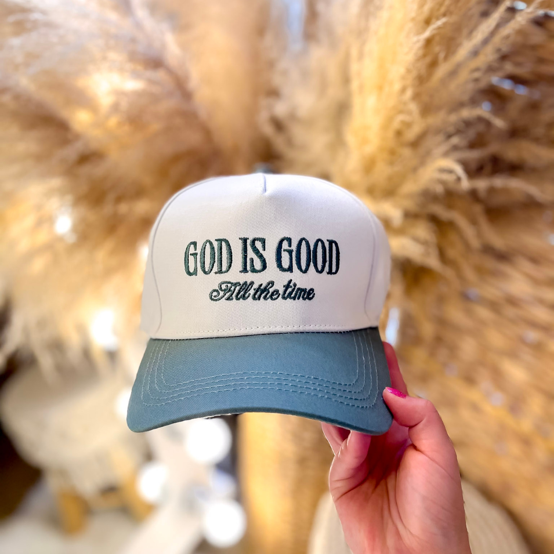 God is Good All The Time Two Tone Canvas Trucker Cap in Multiple Color Options