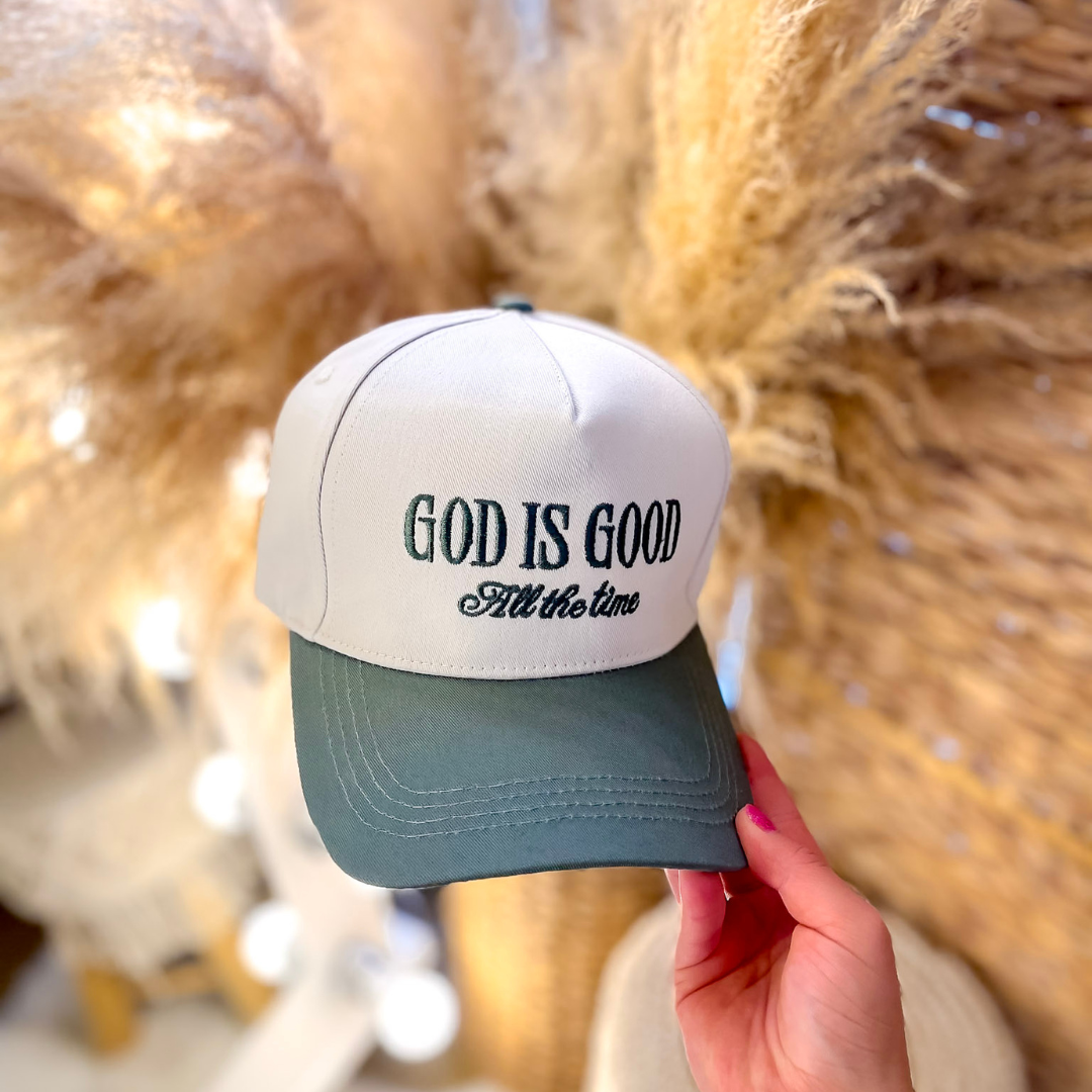 God is Good All The Time Two Tone Canvas Trucker Cap in Multiple Color Options