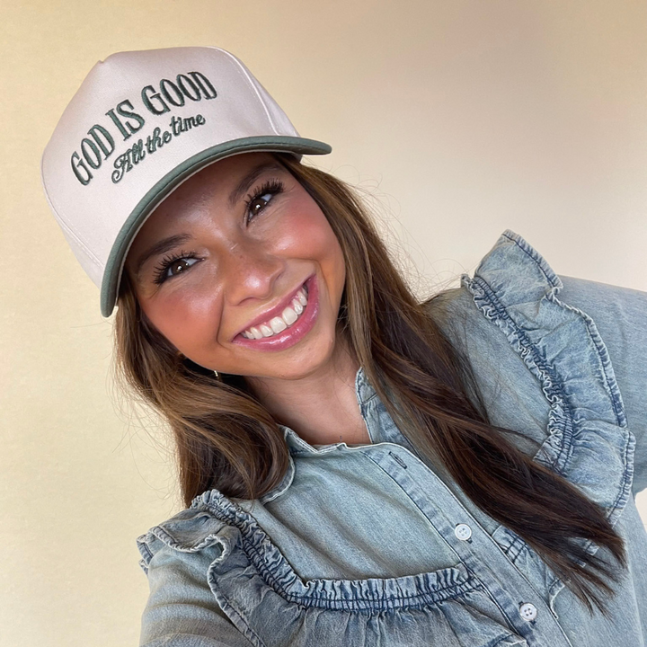 God is Good All The Time Two Tone Canvas Trucker Cap in Multiple Color Options