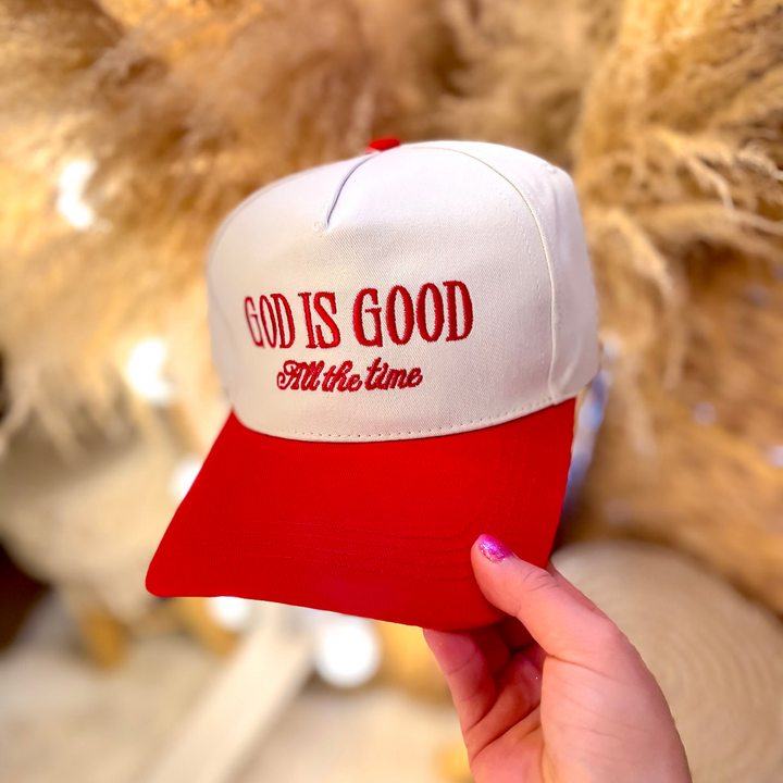 God is Good All The Time Two Tone Canvas Trucker Cap in Multiple Color Options