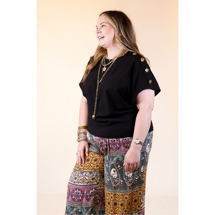 Golden Hour Glow Ribbed Crew Neck Top With Gold Button Detailing in Black