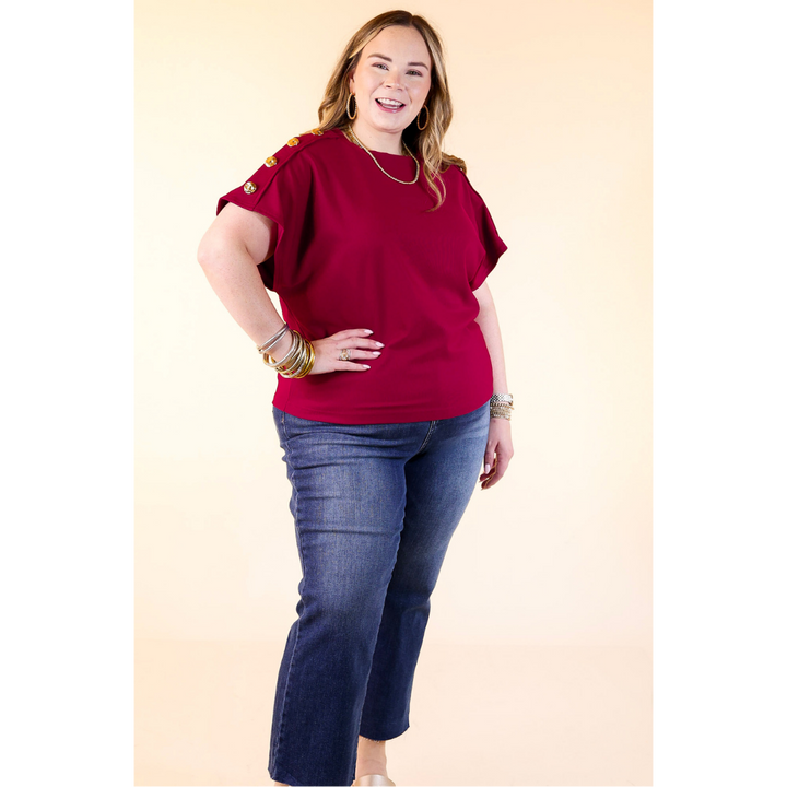 Golden Hour Glow Ribbed Crew Neck Top With Gold Button Detailing in Maroon