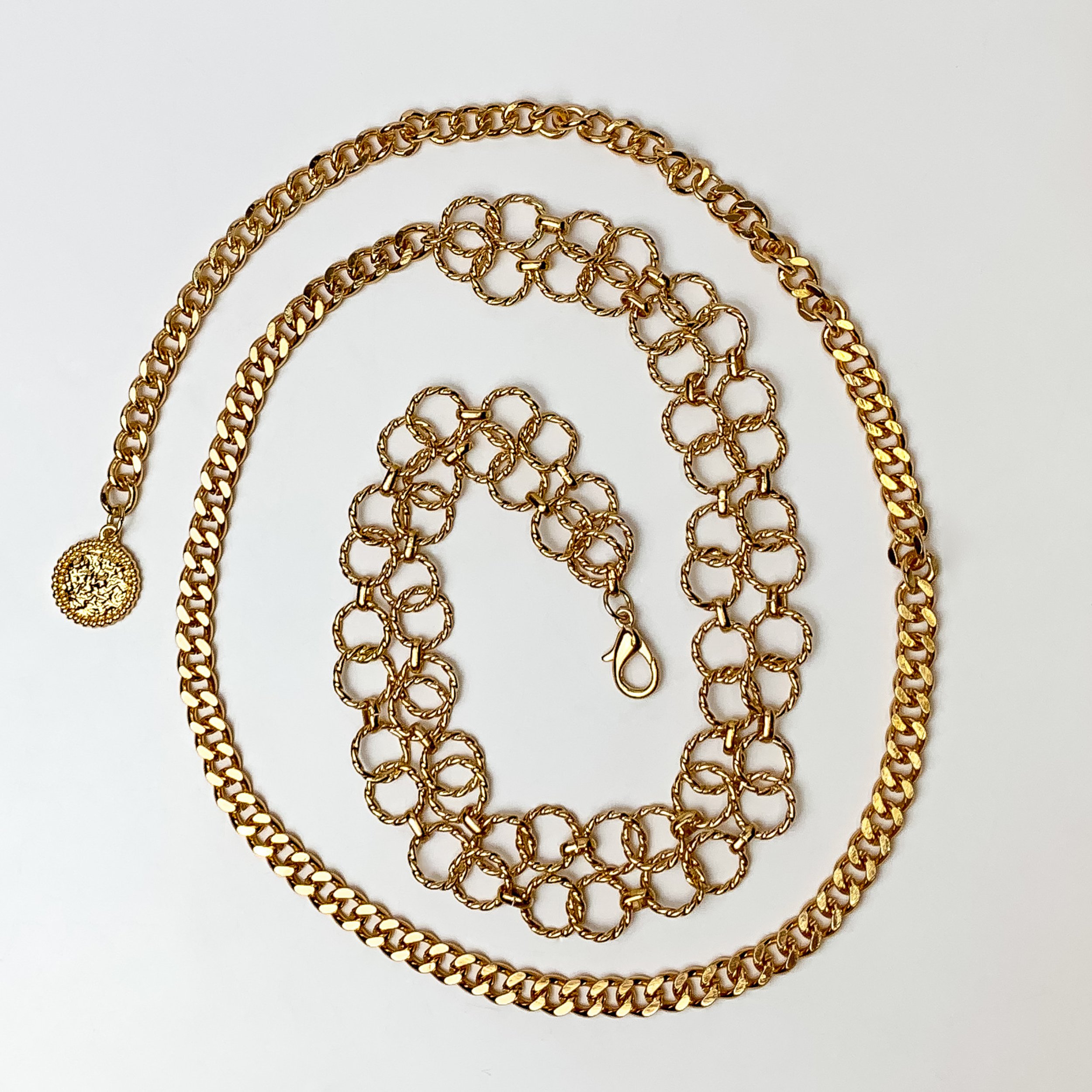 This Gorgeous Double Chain Gold Tone Belt is pictured on a white background.