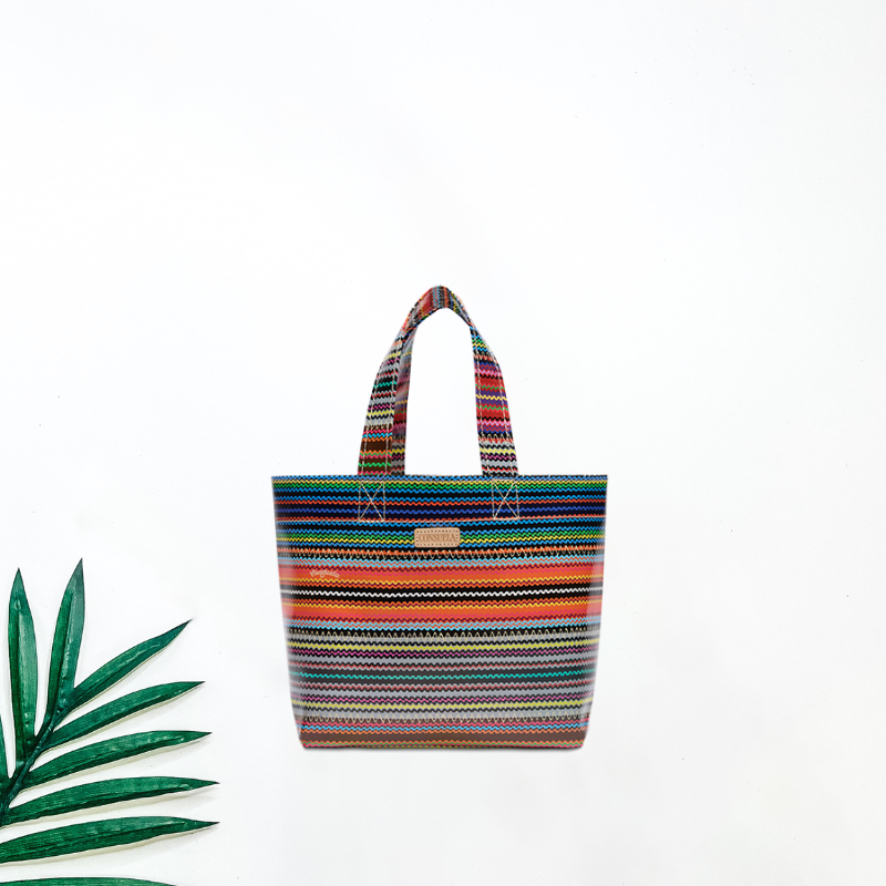 Multicolored striped tote bag on a white background with a palm leaf