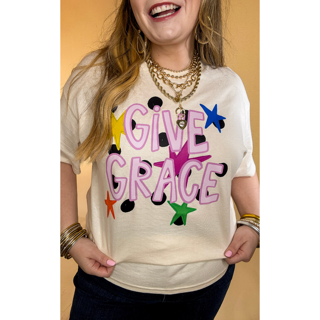 Grace Upon Grace "Give Grace" Distressed Polka Dot and Star Print Short Sleeve Graphic Tee in Natural