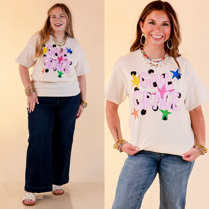 Grace Upon Grace "Give Grace" Distressed Polka Dot and Star Print Short Sleeve Graphic Tee in Natural