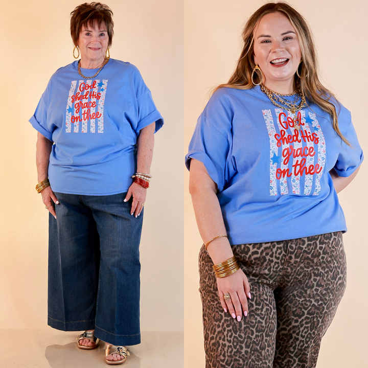 Grace Upon Grace Short Sleeve Graphic Tee with Floral Detailing in Sky Blue