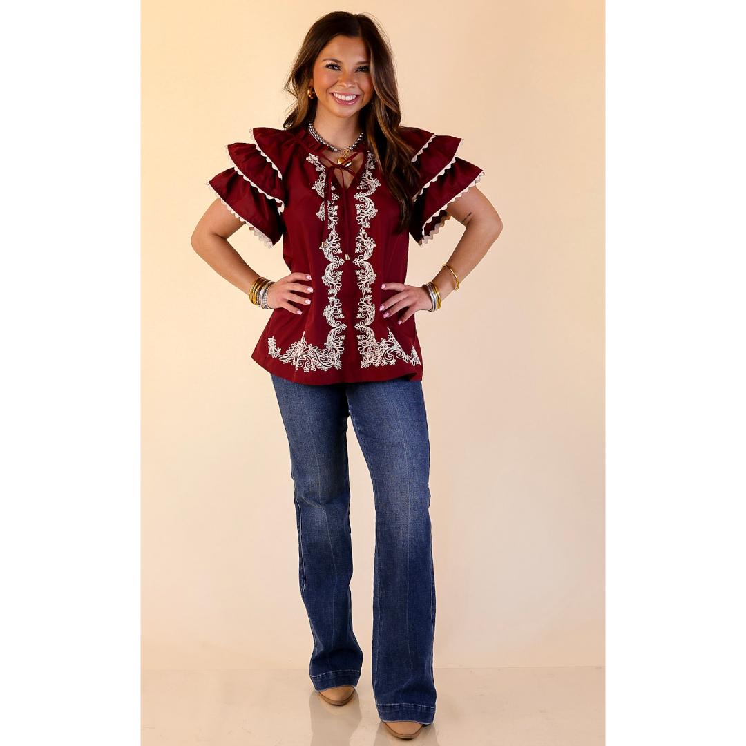 Graceful Details Embroidered Short Sleeve Top with Layered Flutter Sleeves in Maroon