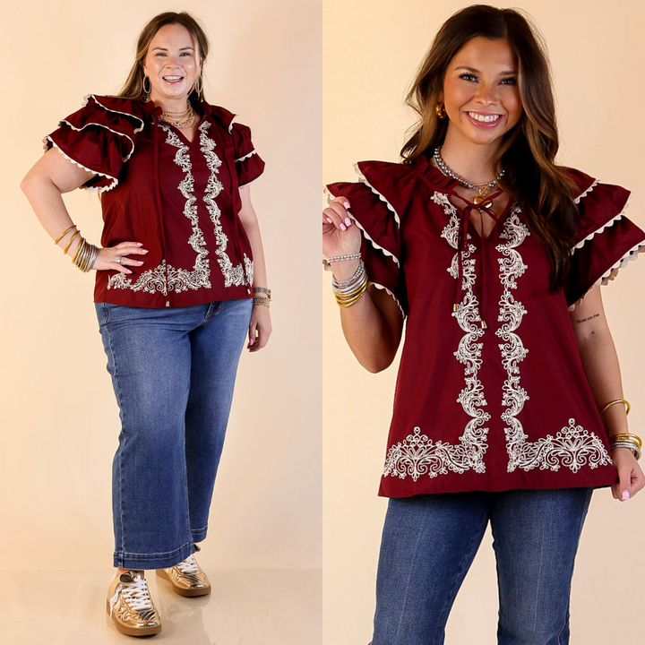 Two images of a woman wearing a maroon blouse with white embroidery and blue jeans on a beige background.