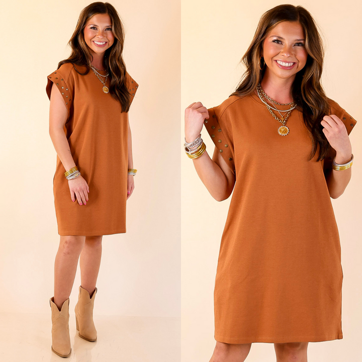 Graceful Glimpse Dress with Gold Stud Detail in Brown