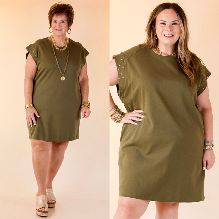 Graceful Glimpse Dress with Gold Stud Detail in Olive Green