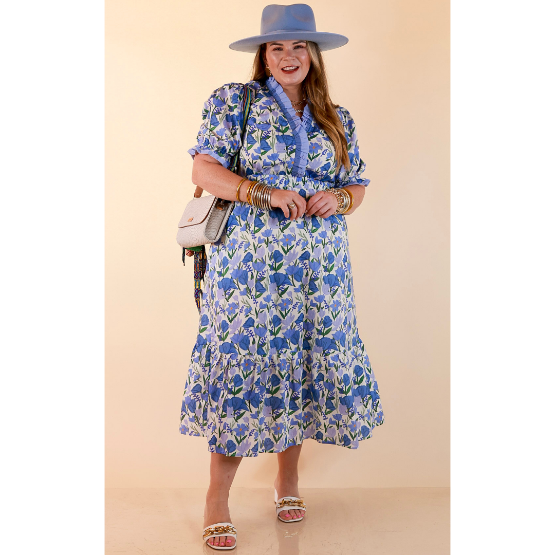 Gracefully Yours Floral Print Midi Dress with Contrast Ruffle Trim in Blue