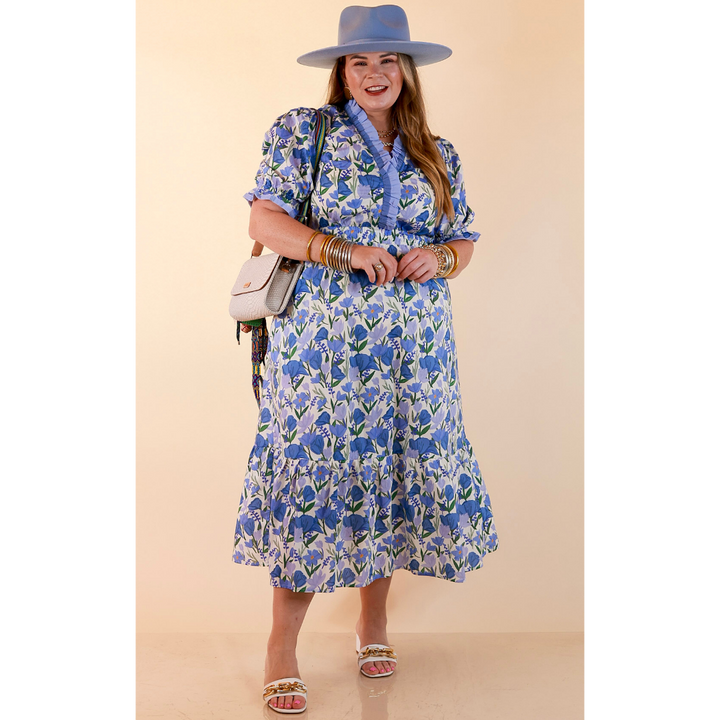 Gracefully Yours Floral Print Midi Dress with Contrast Ruffle Trim in Blue
