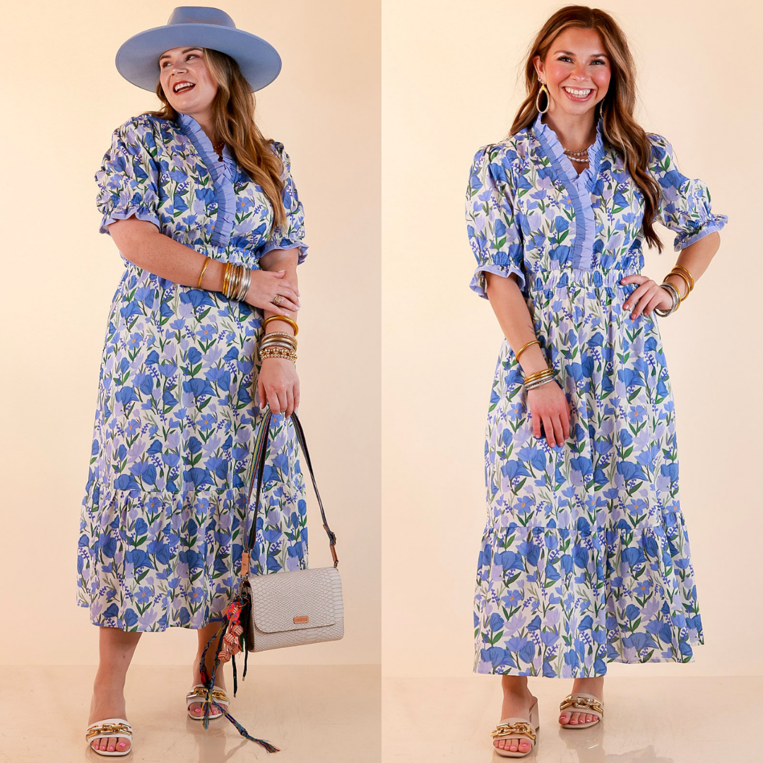 Gracefully Yours Floral Print Midi Dress with Contrast Ruffle Trim in Blue