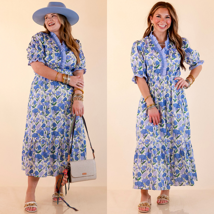Gracefully Yours Floral Print Midi Dress with Contrast Ruffle Trim in Blue