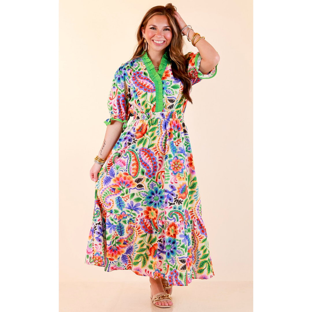 Gracefully Yours Floral and Paisley Print Midi Dress with Contrast Ruffle Trim in Ivory