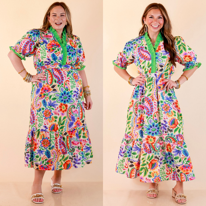 Gracefully Yours Floral and Paisley Print Midi Dress with Contrast Ruffle Trim in Ivory
