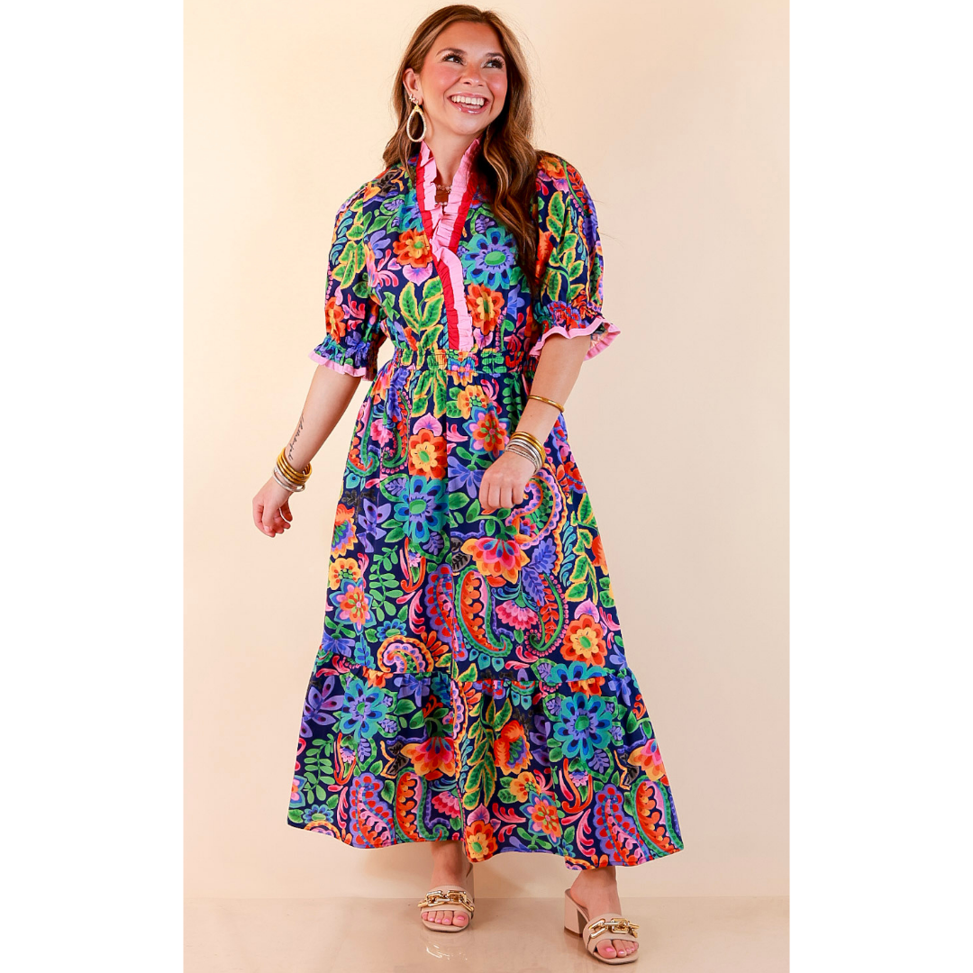 Gracefully Yours Floral and Paisley Print Midi Dress with Contrast Ruffle Trim in Navy Blue