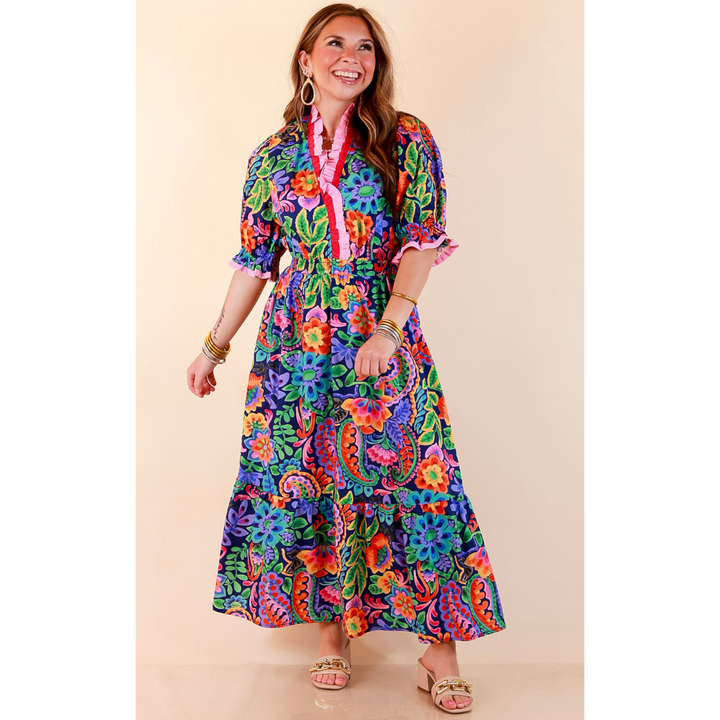 Gracefully Yours Floral and Paisley Print Midi Dress with Contrast Ruffle Trim in Navy Blue