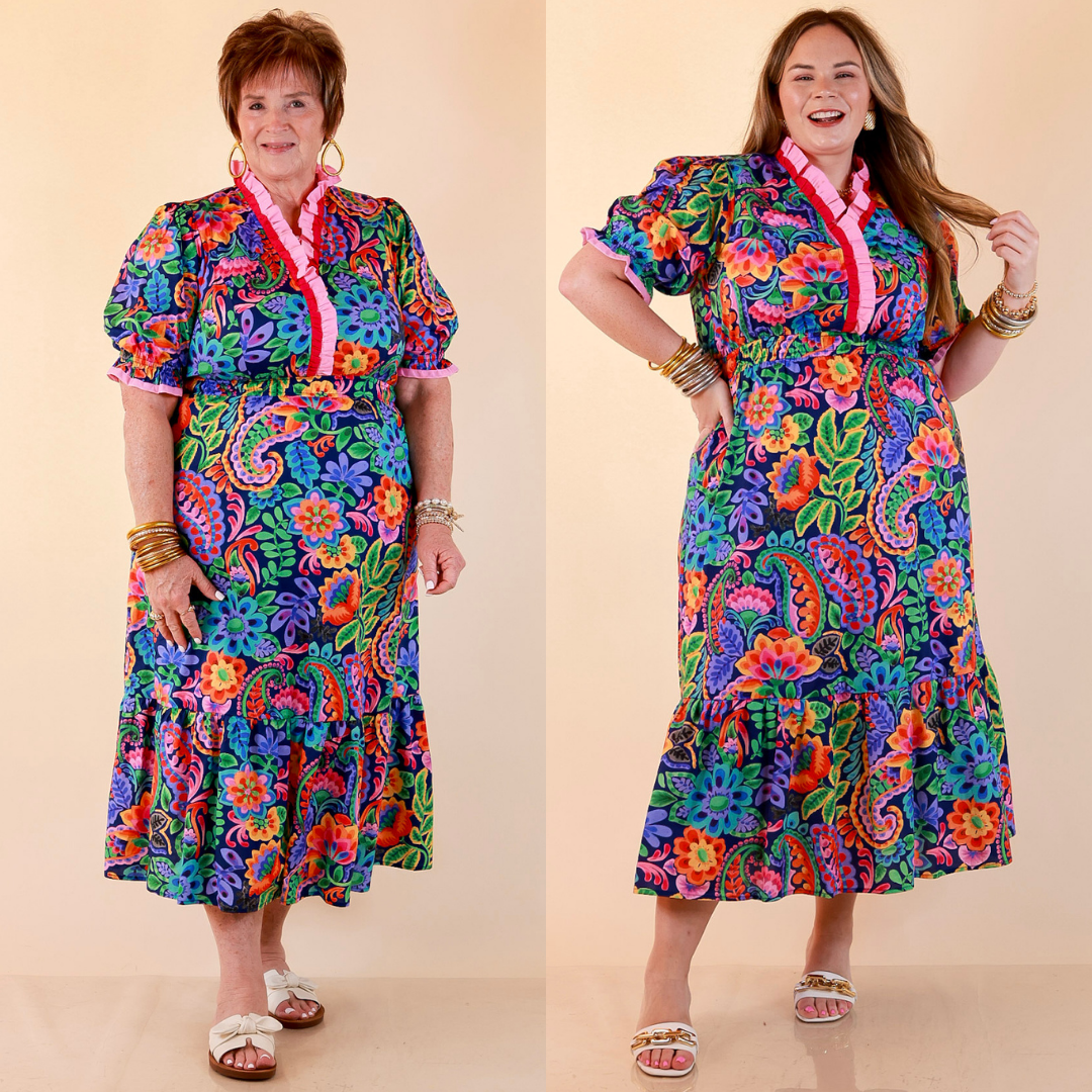 Gracefully Yours Floral and Paisley Print Midi Dress with Contrast Ruffle Trim in Navy Blue