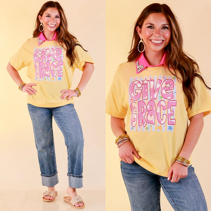 Grace in Every Season "Give Grace" Short Sleeve Graphic Tee in Butter Yellow
