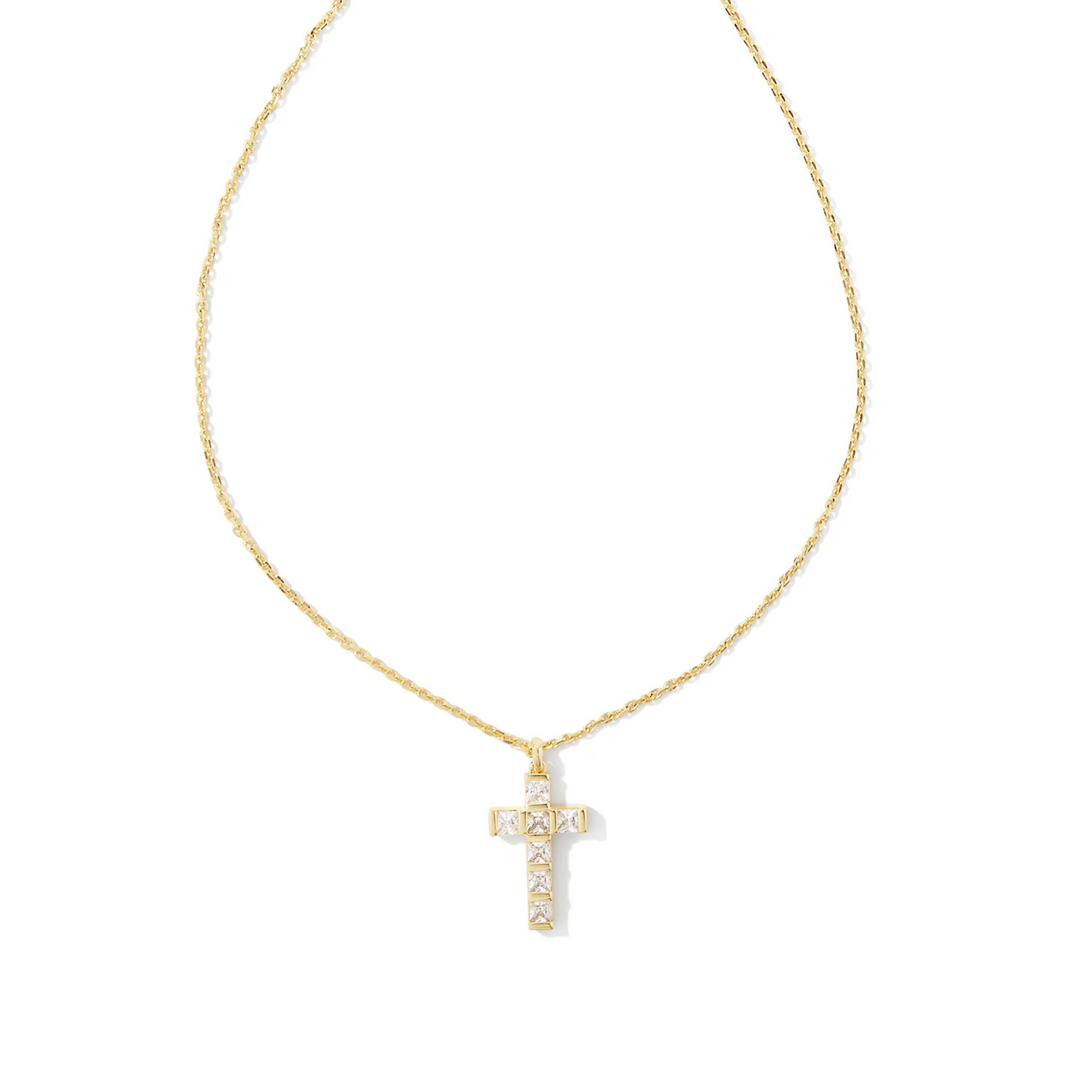 Kendra Scott | Gracie Gold Cross Pendant Necklace in White Crystal - Giddy Up Glamour Boutique