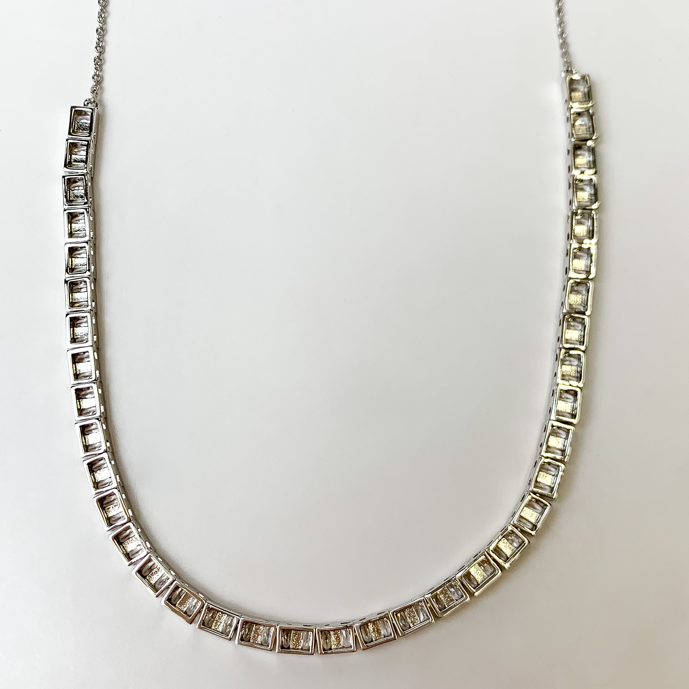 This Gracie Silver Tennis Necklace in White CZ by Kendra Scott is Pictured on a white background.
