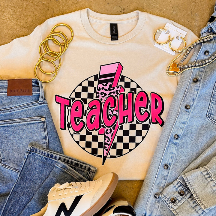 Grade with Style Teacher Short Sleeve Graphic Tee in Beige