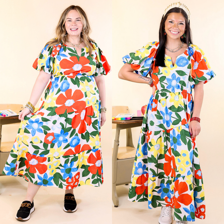 Gramercy Garden Floral Midi Dress with Short Balloon Sleeves in White