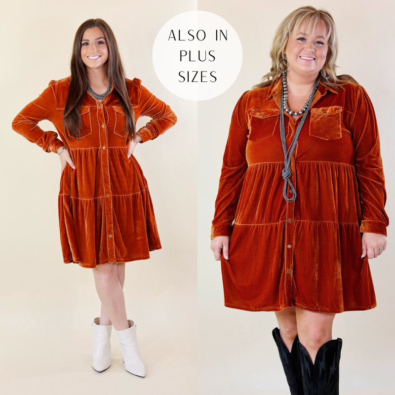 Models are wearing a burnt orange velvet dress. Small model has this paired with white booties and silver jewelry. Plus size model has this paired with black knee high boots and silver jewelry.
