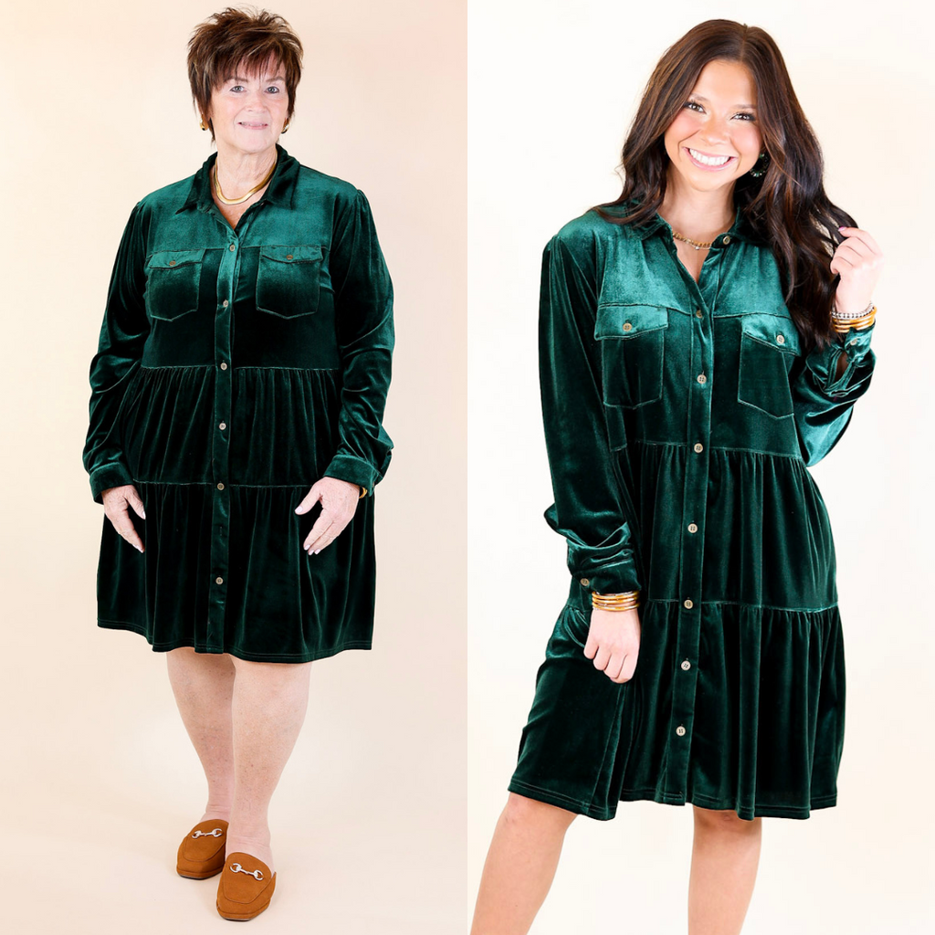 Green Velvet Babydoll Dress with long Sleeves S