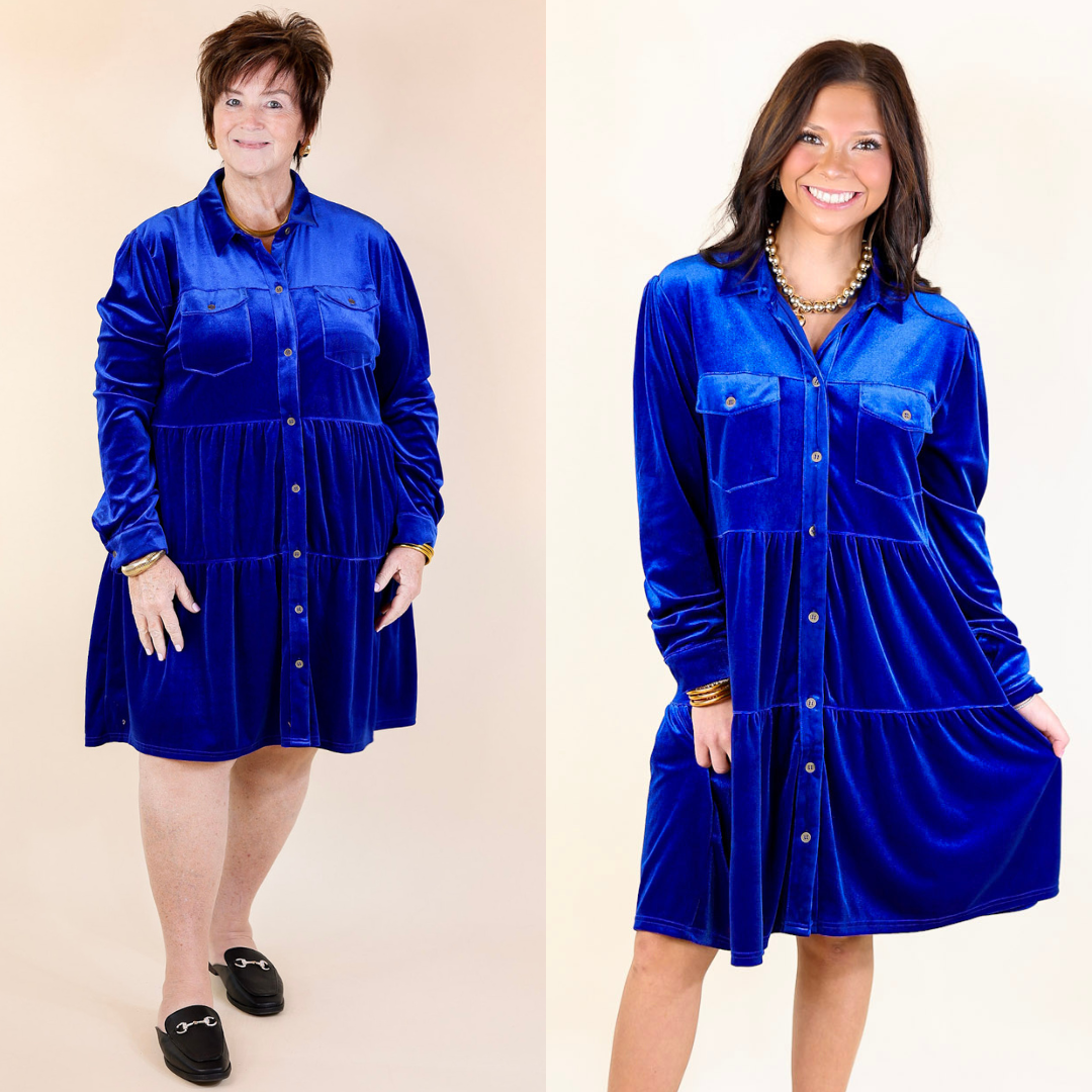 Grateful Gathering Velvet Button Up Dress with Long Sleeves in Royal B –  Giddy Up Glamour Boutique
