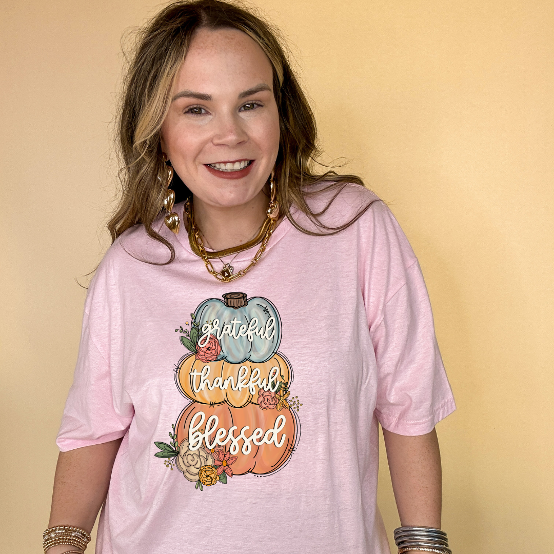 Online Exclusive | Grateful, Thankful, Blessed Stacked Pumpkins and Floral Arrangement Graphic Tee in Multiple Color Options