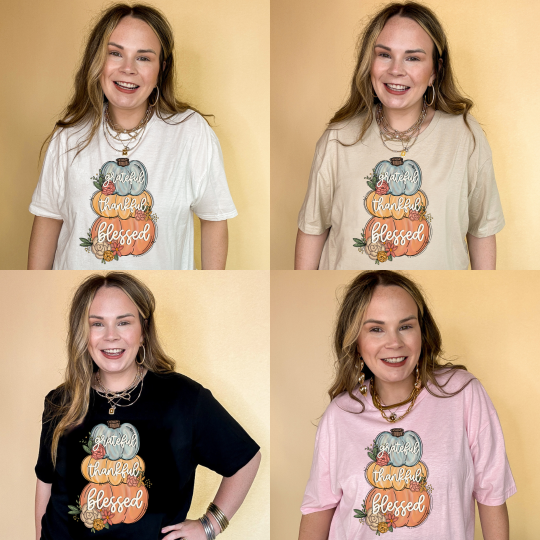 Online Exclusive | Grateful, Thankful, Blessed Stacked Pumpkins and Floral Arrangement Graphic Tee in Multiple Color Options