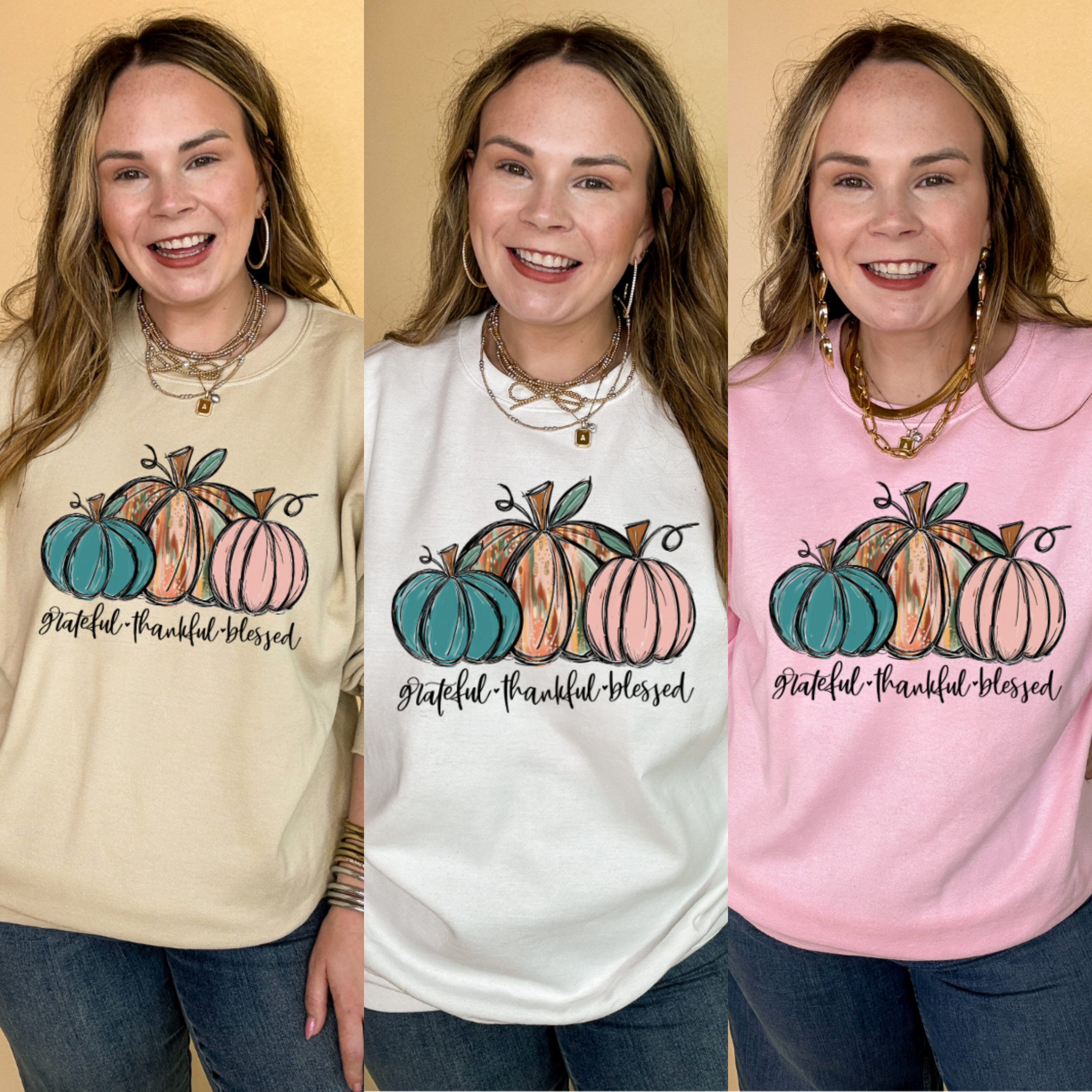 Online Exclusive | Grateful, Thankful and Blessed Three Painted Pumpkin Graphic Sweatshirt in Multiple Color Options