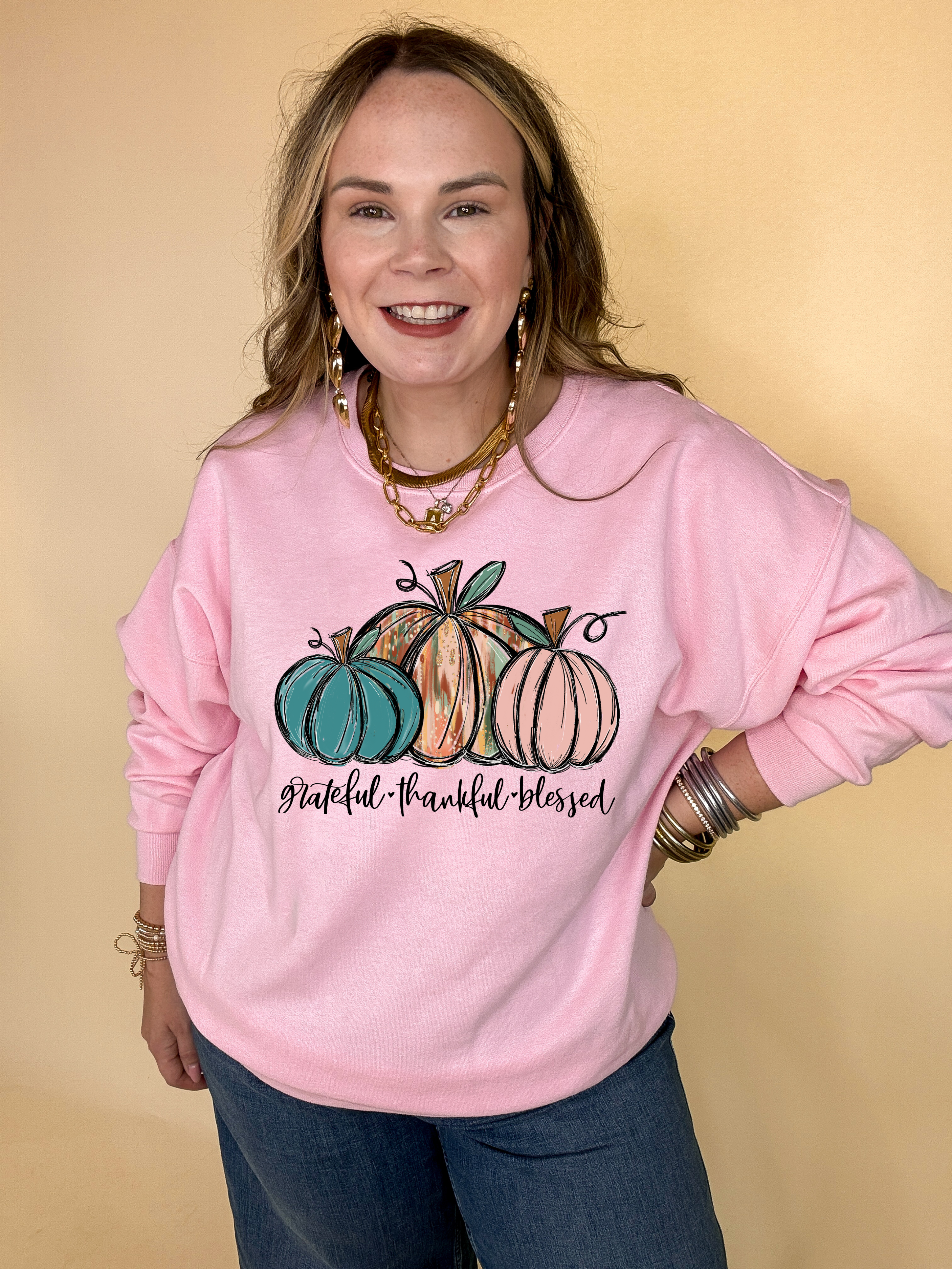 Online Exclusive | Grateful, Thankful and Blessed Three Painted Pumpkin Graphic Sweatshirt in Multiple Color Options