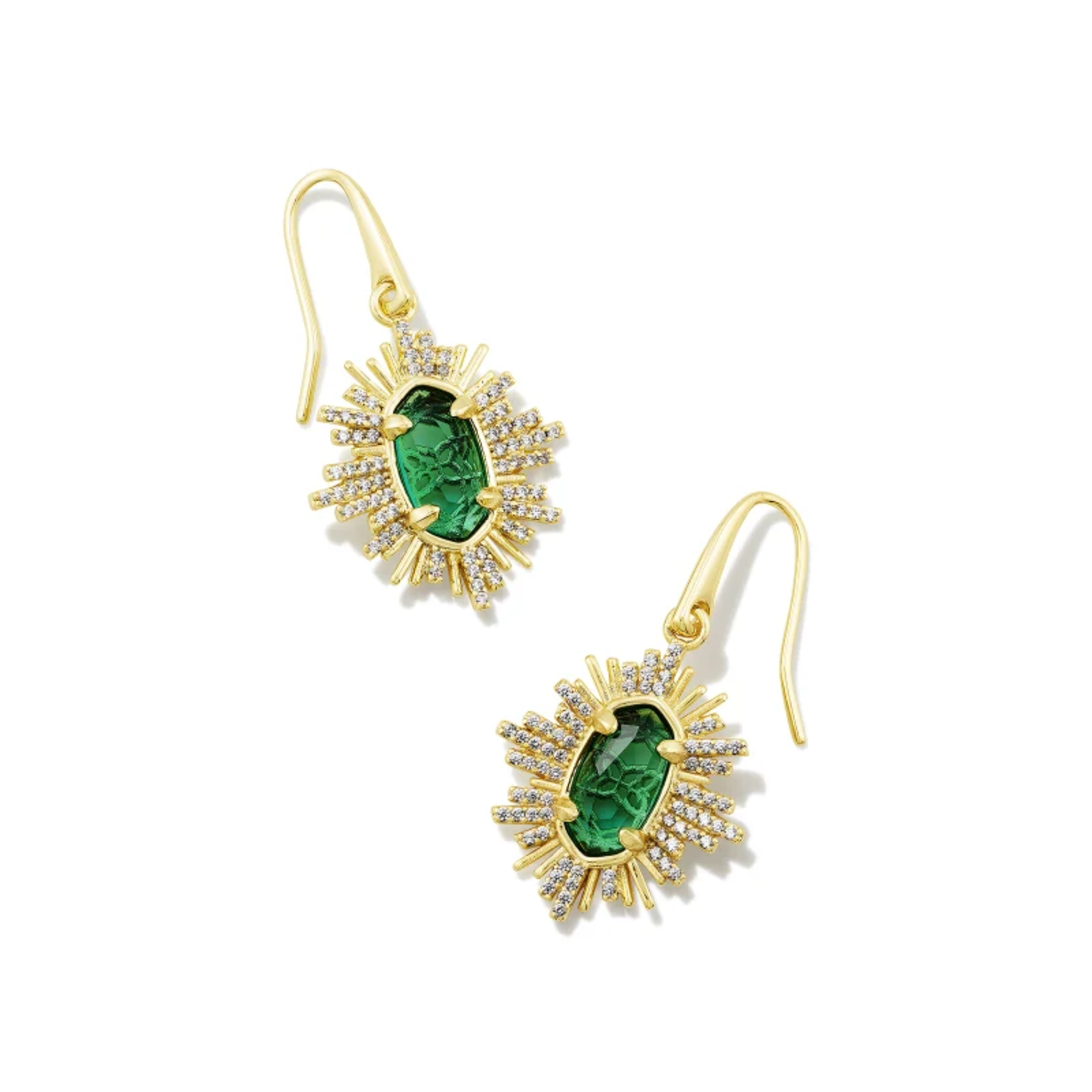 These Grayson Gold Sunburst Drop Earrings in Green Glass by Kendra Scott are pictured on a white background.